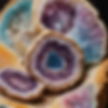 Close-up of geode fragments with colorful mineral deposits