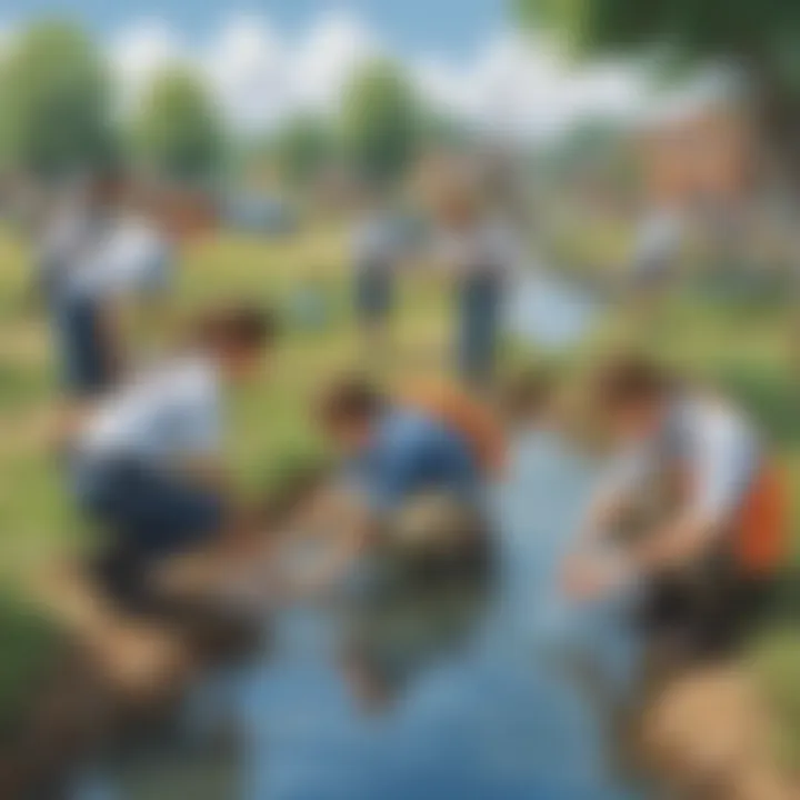 Group of students participating in a water pollution simulation activity