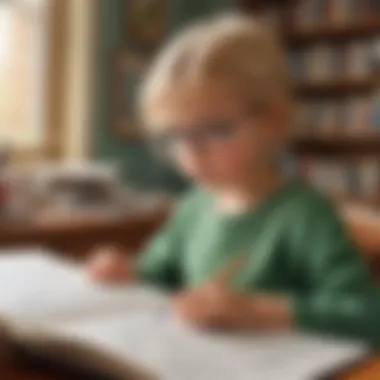 Young child reading a research paper