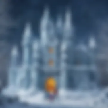 A winter wonderland scene featuring multiple frozen play castles, illustrating their potential for educational exploration.