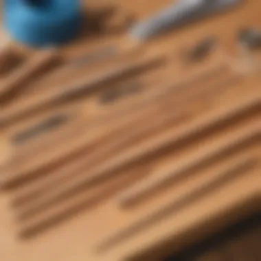 Wooden dowels and cutting tools on a workbench