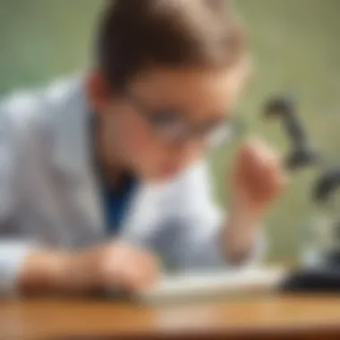 Young scientist examining a magnified insect