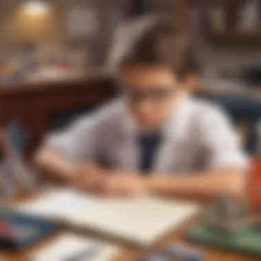 Young Scientist Taking Notes A child writing notes in a notebook, surrounded by science equipment.