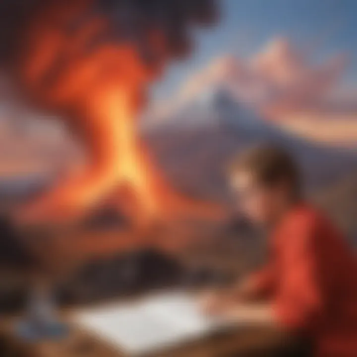 Child observing volcanic eruption