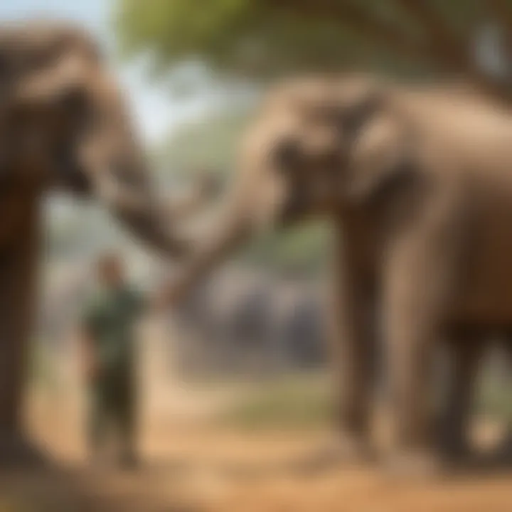 Zookeeper feeding elephants