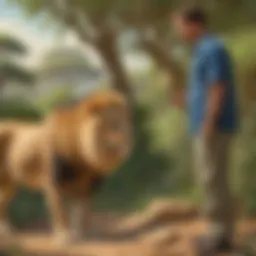 Zookeeper observing a majestic lion in the wild